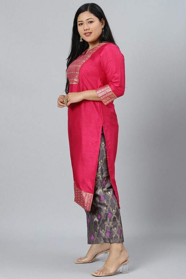 Pink Poly Silk Foil Printed Straight Kurta With Palazzo Set - Image 2