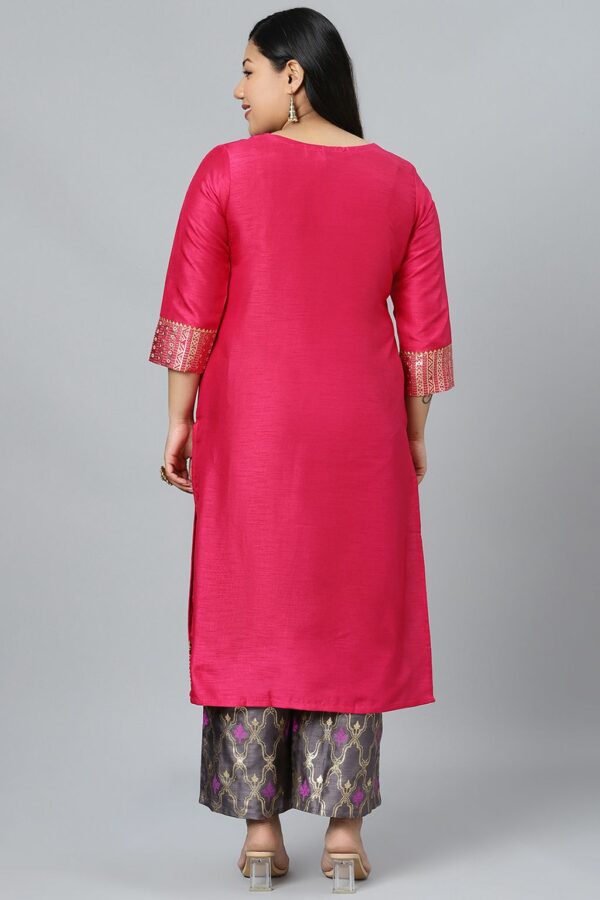 Pink Poly Silk Foil Printed Straight Kurta With Palazzo Set - Image 3