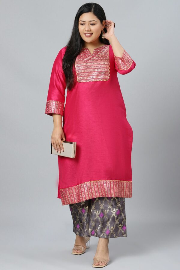 Pink Poly Silk Foil Printed Straight Kurta With Palazzo Set - Image 4