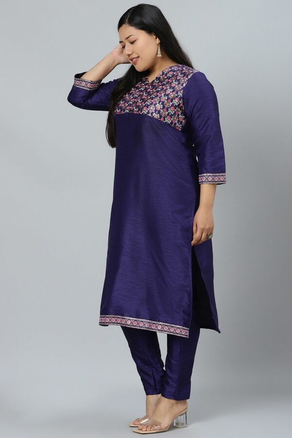 Navy Blue Poly Silk Foil Printed Straight Kurta With Pant Set - Image 2