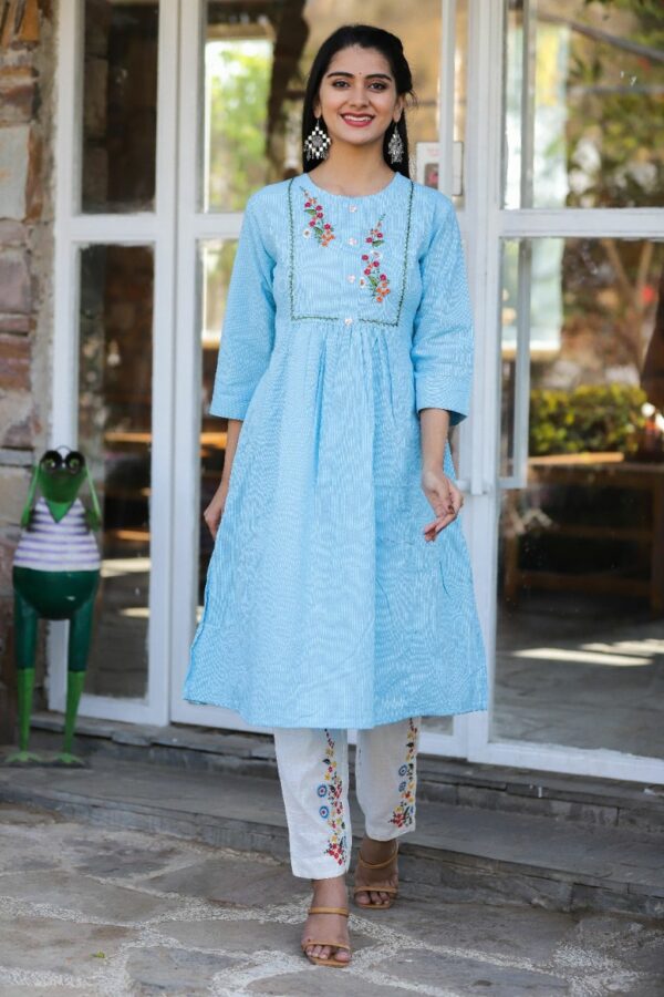 Blue Cotton katha Kurti Set with Pant