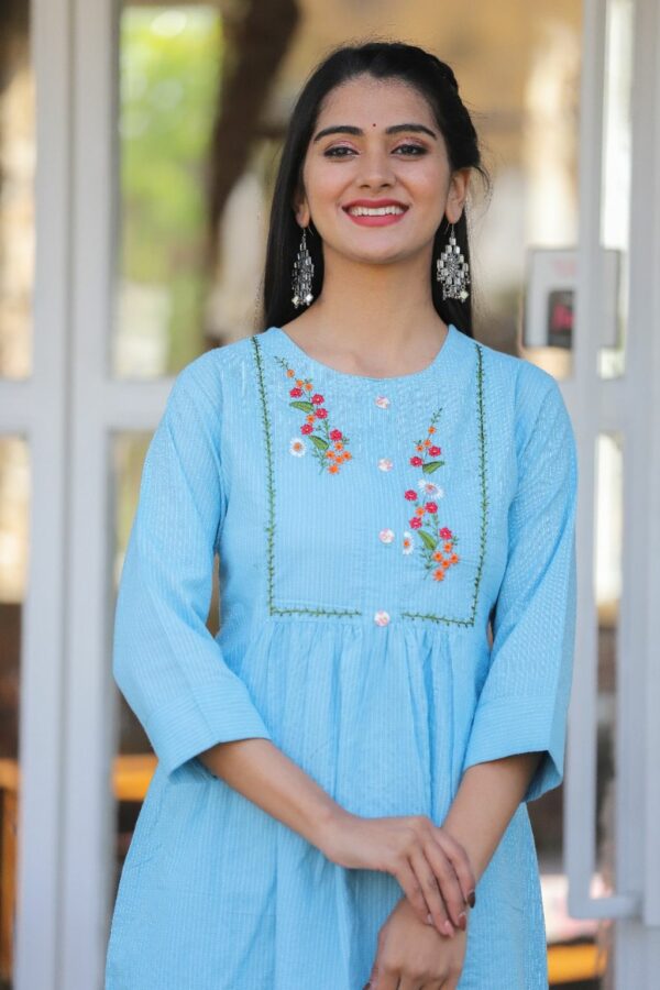 Blue Cotton katha Kurti Set with Pant - Image 4