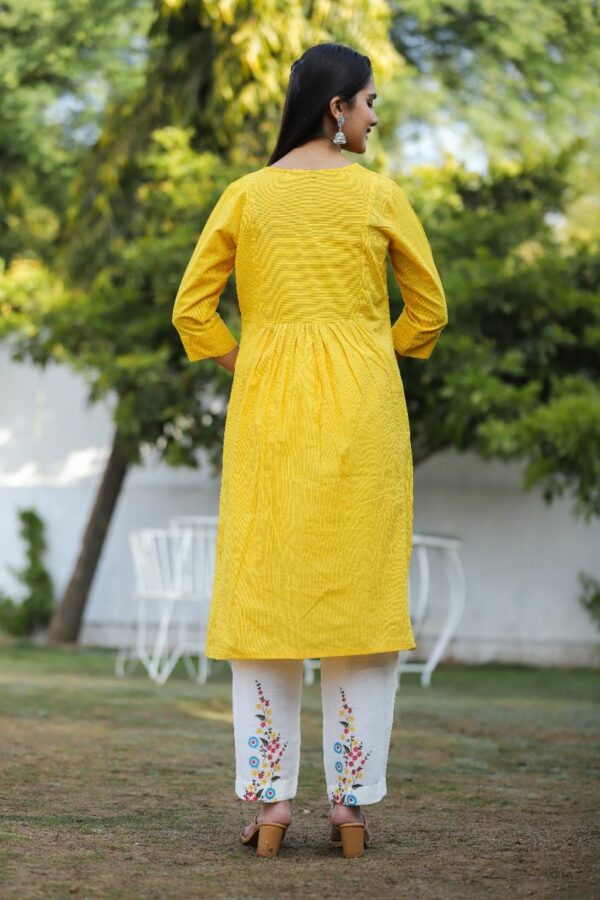 Yellow Cotton katha Kurti Set with Pant - Plus Sizes - Image 2