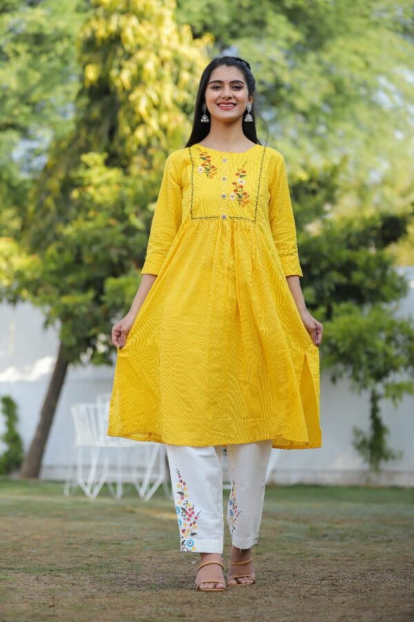 Yellow Cotton katha Kurti Set with Pant - Plus Sizes - Image 3