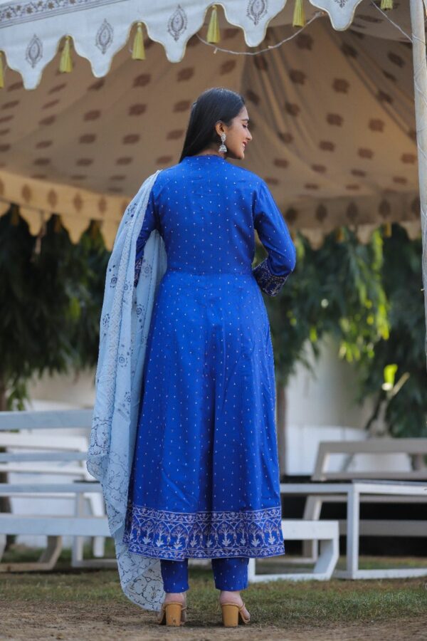 Blue Rayon Anarkali Kurti Set with Pant and Dupatta - Image 2