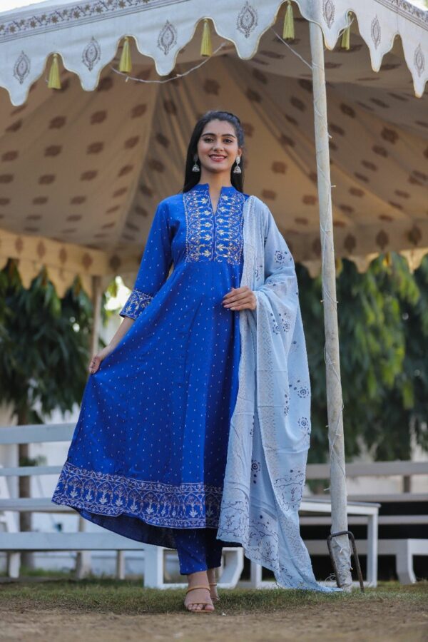 Blue Rayon Anarkali Kurti Set with Pant and Dupatta - Image 3