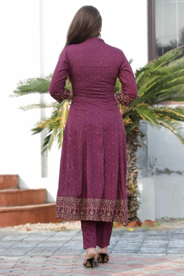 Wine Rayon Anarkali Kurti Set with Pant and Dupatta - Image 2