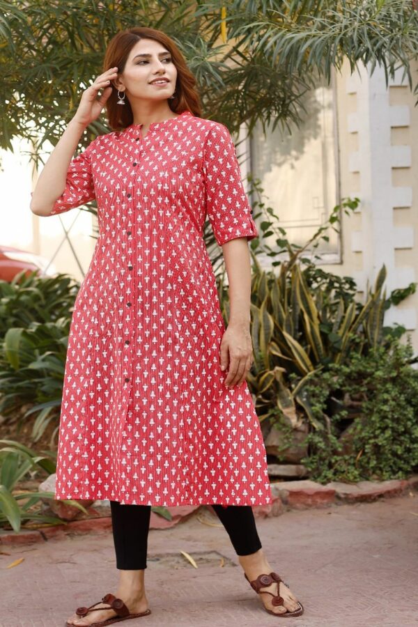 Peach Fashionable Cotton katha A-line Kurti - Image 3