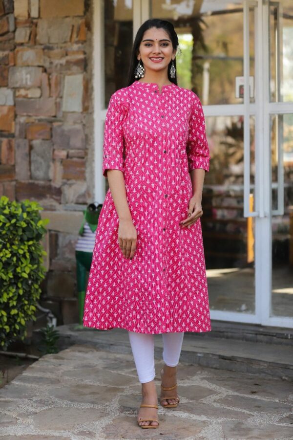 Pink Fashionable Cotton katha A-line Kurti - Plus Sizes