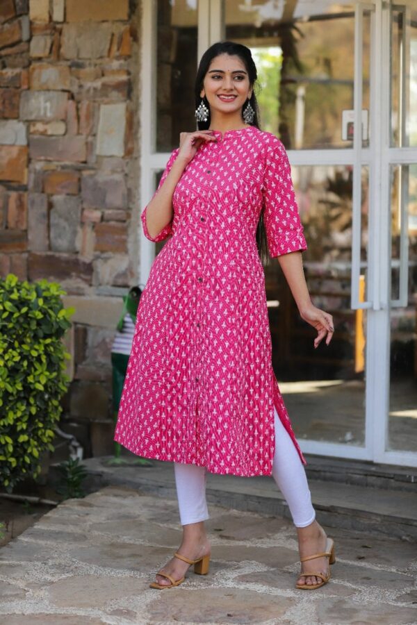 Pink Fashionable Cotton katha A-line Kurti - Plus Sizes - Image 3