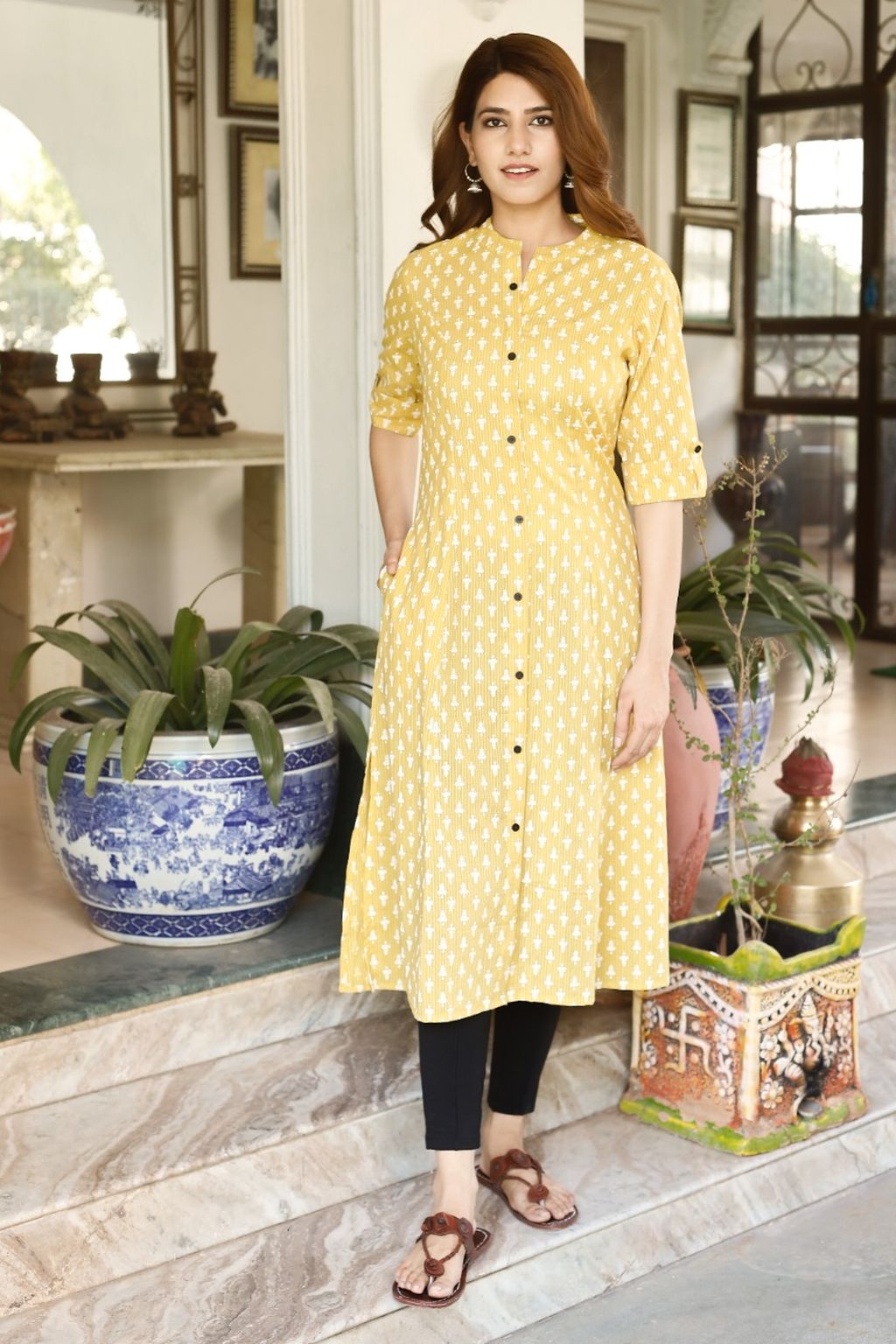 Long Embroidered Rayon ALine Kurti with Gota Patti Work Yellow  Fiza  Fashions
