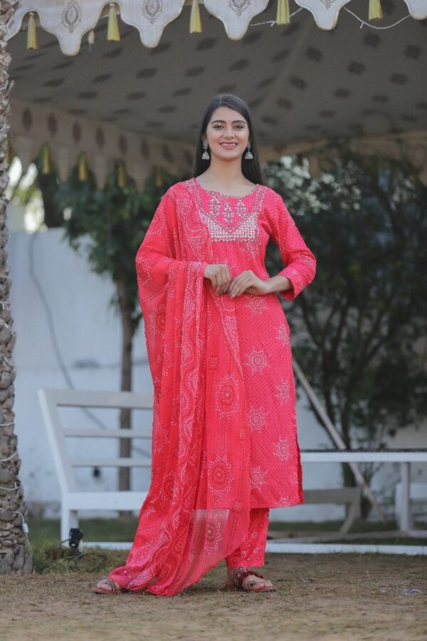 Red Rayon Kurti Set with Pant and Dupatta