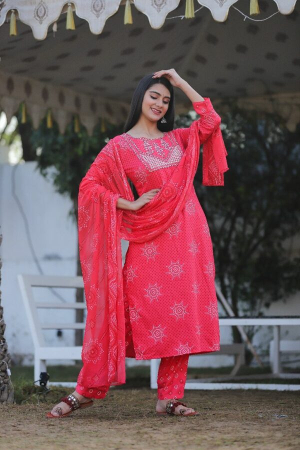 Red Rayon Kurti Set with Pant and Dupatta - Image 3