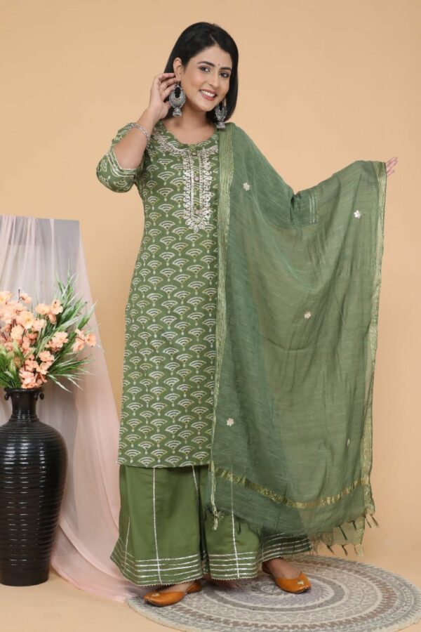 Green Fashionable Cotton Kurti Set with Sharara and Dupatta