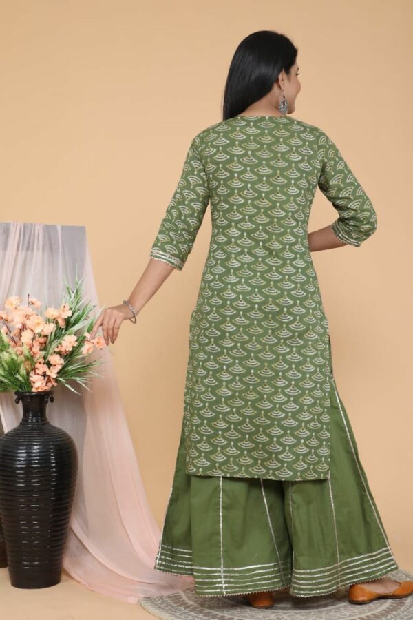 Green Fashionable Cotton Kurti Set with Sharara and Dupatta - Image 2