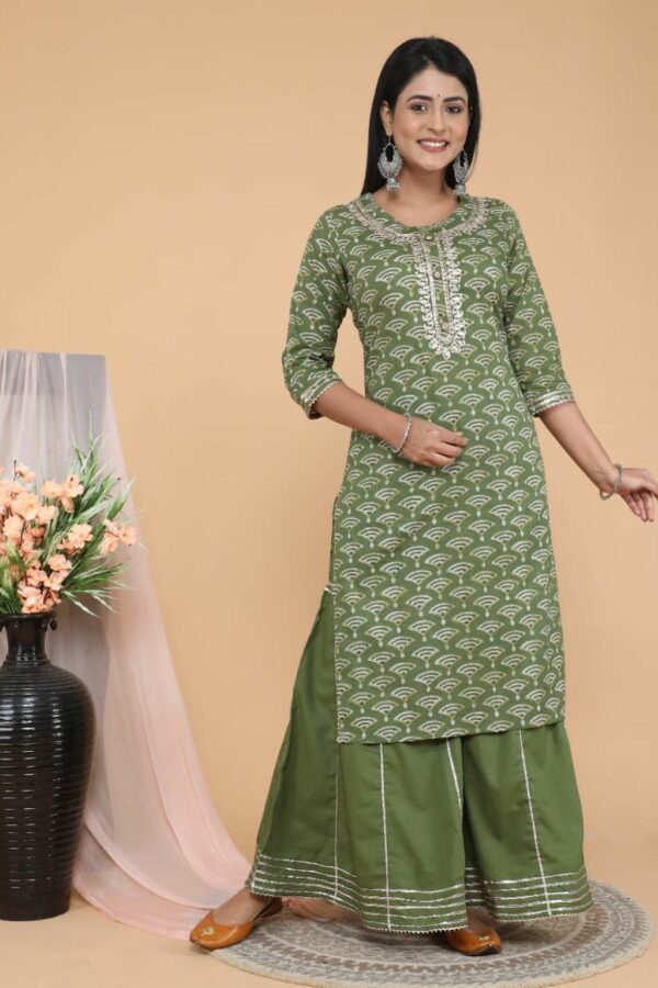 Green Fashionable Cotton Kurti Set with Sharara and Dupatta - Image 3