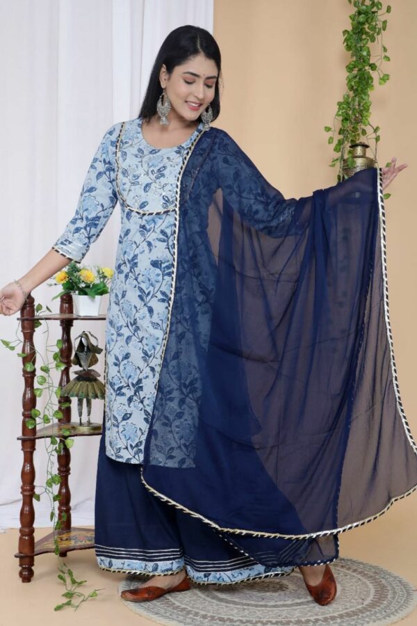 Blue Fashionable Cotton Kurti Set with Sharara and Dupatta