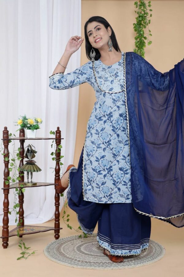 Blue Fashionable Cotton Kurti Set with Sharara and Dupatta - Image 2