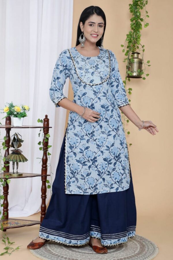 Blue Fashionable Cotton Kurti Set with Sharara and Dupatta - Image 3