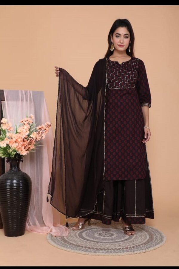 Coffee Fashionable Cotton Kurti Set with Sharara and Dupatta