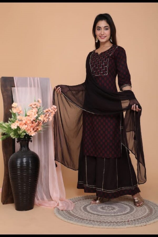 Coffee Fashionable Cotton Kurti Set with Sharara and Dupatta - Image 3