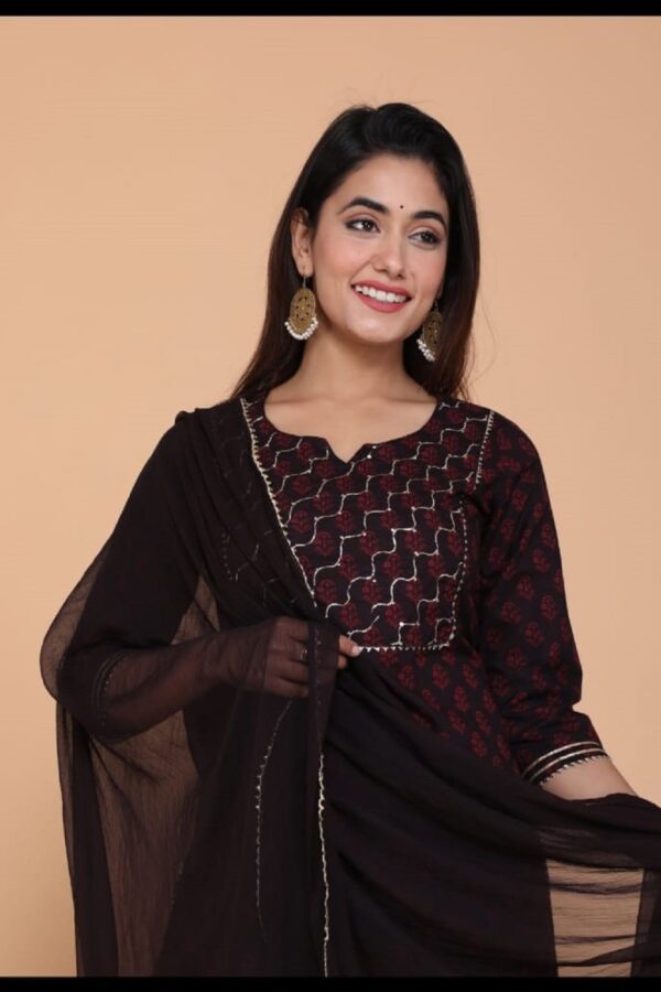 Coffee Fashionable Cotton Kurti Set with Sharara and Dupatta - Image 4