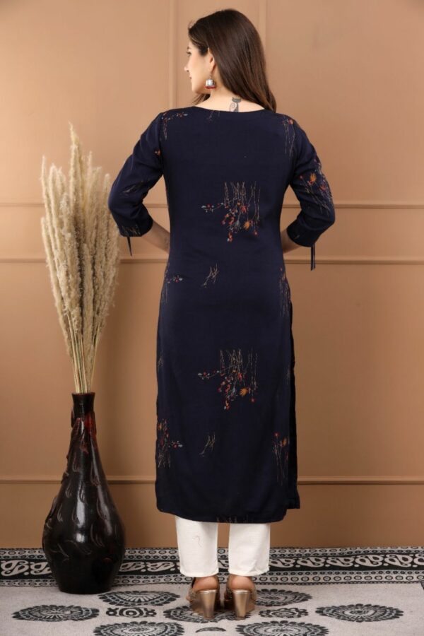 Navy Blue Fashionable Rayon Kurti set with cotton Pant - Plus Sizes - Image 2