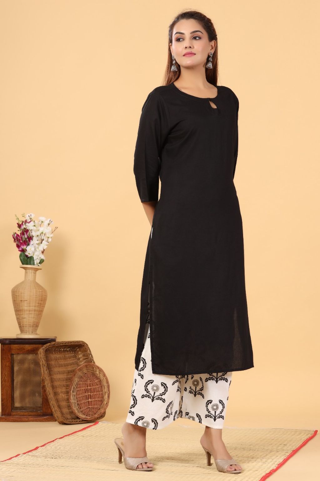Black Cotton A-line Kurti With Ankle Length Palazzo