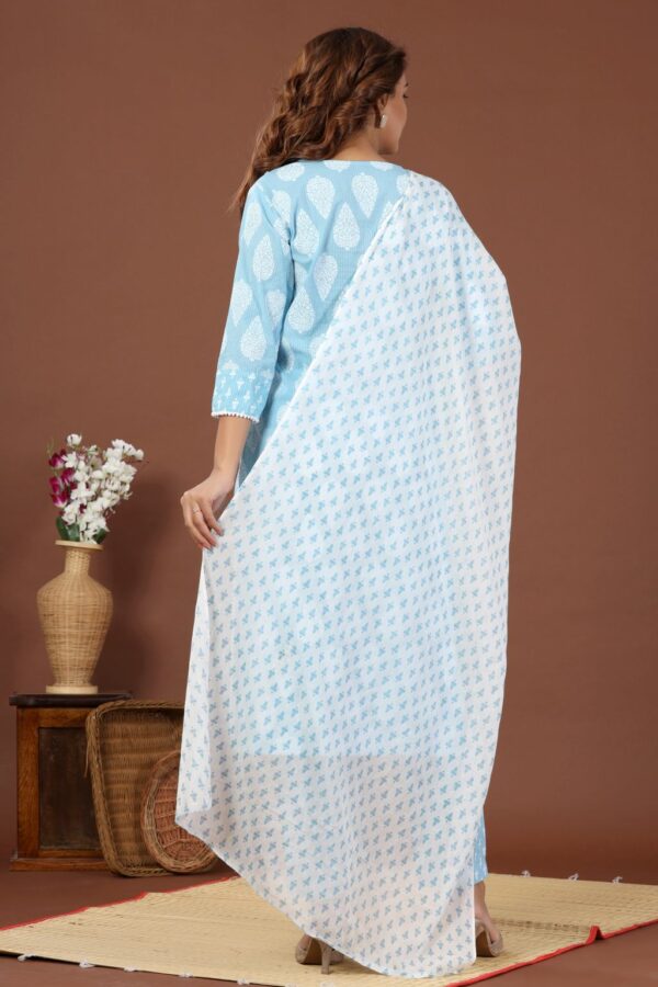 Blue Women's Cotton Kurta Set with Pant and Dupatta - Plus Sizes - Image 2