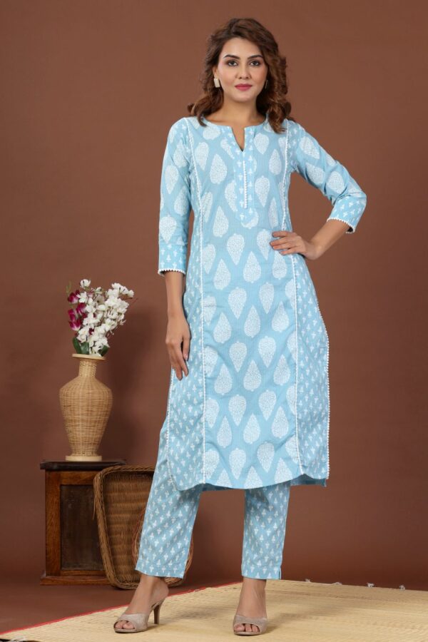 Blue Women's Cotton Kurta Set with Pant and Dupatta - Plus Sizes - Image 7