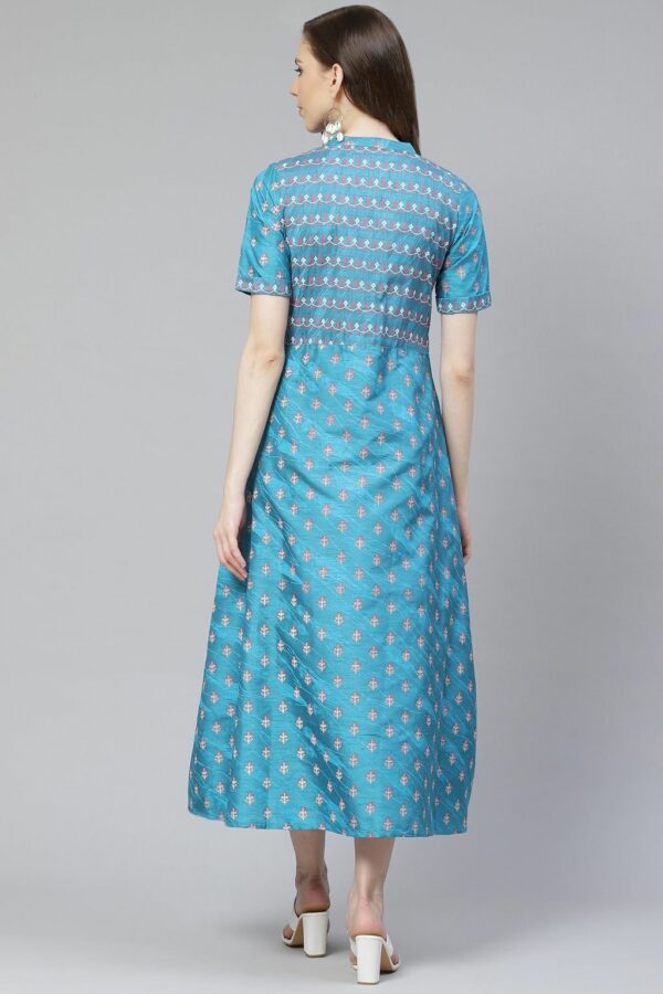 Poly Silk Teal Colored Foil Printed A-Line Ethnic Kurta / Ethnic Dress - Image 2