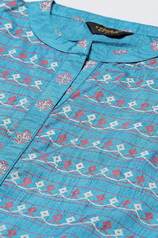 Poly Silk Teal Colored Foil Printed A-Line Ethnic Kurta / Ethnic Dress - Image 3