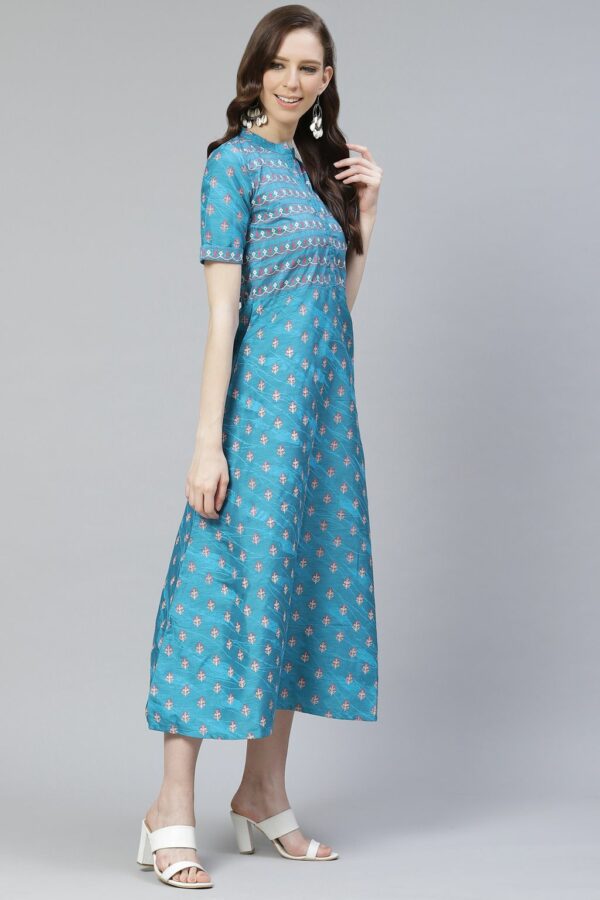 Poly Silk Teal Colored Foil Printed A-Line Ethnic Kurta / Ethnic Dress - Image 4