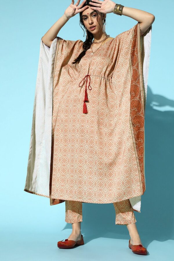 Rust Color Digital Print Kaftan Style Kurta And Pant Set