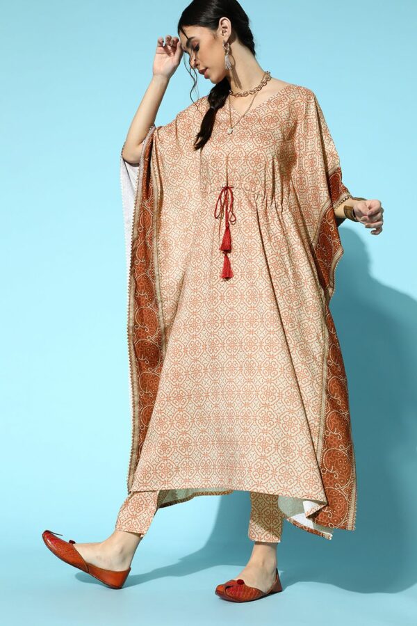 Rust Color Digital Print Kaftan Style Kurta And Pant Set - Image 2