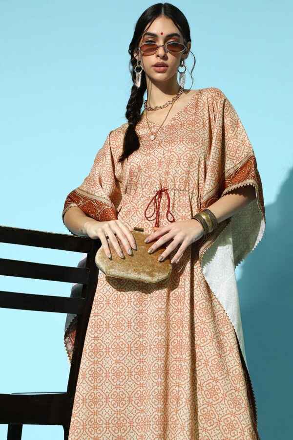 Rust Color Digital Print Kaftan Style Kurta And Pant Set - Image 5