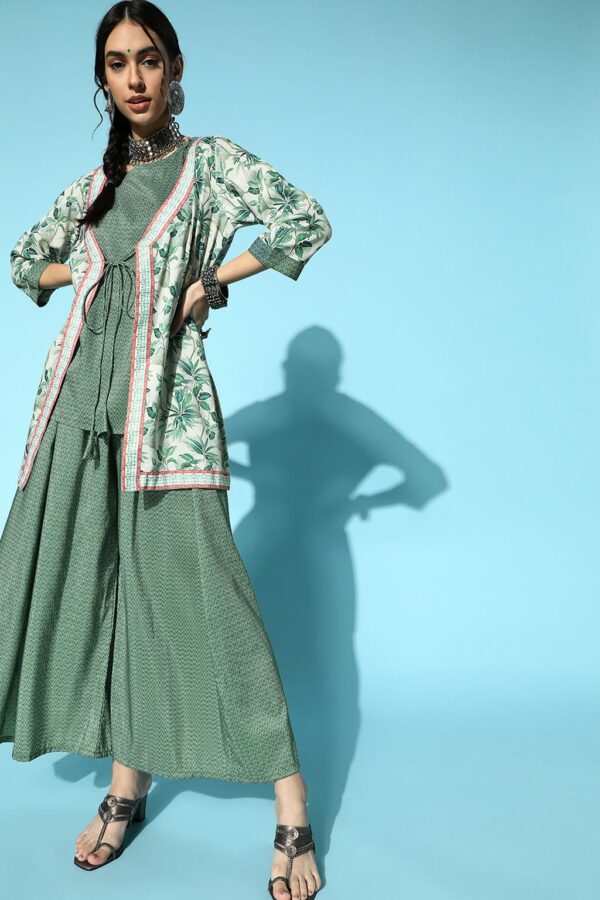 Green Color Digital Print Jacket Style Kurta And Palazzo Set