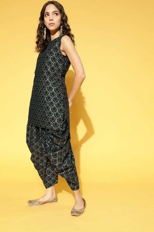 Black Color Foil Print Straight Kurta With Jacket And Dhoti Pant Set - Image 2