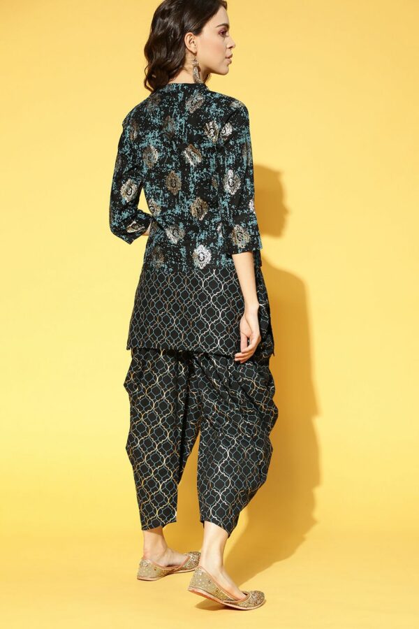 Black Color Foil Print Straight Kurta With Jacket And Dhoti Pant Set - Image 3