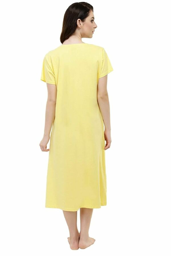 Yellow Women's Floral Printed Knee Length Cotton Short Nighty Gown - Image 3