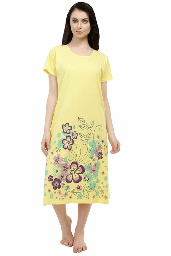 Yellow Women's Floral Printed Knee Length Cotton Short Nighty Gown - Image 5