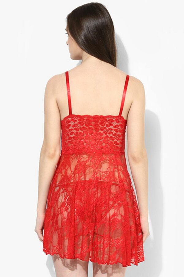 Red Fancy Baby Doll Full Net Sheer Fabric Short Knee Length Sleep Night Dress - Image 3