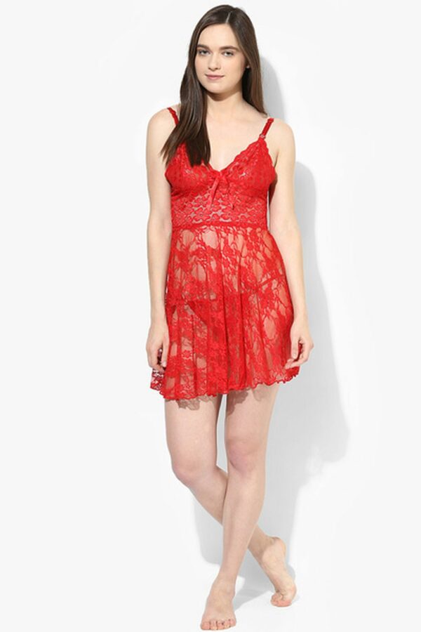 Red Fancy Baby Doll Full Net Sheer Fabric Short Knee Length Sleep Night Dress - Image 2