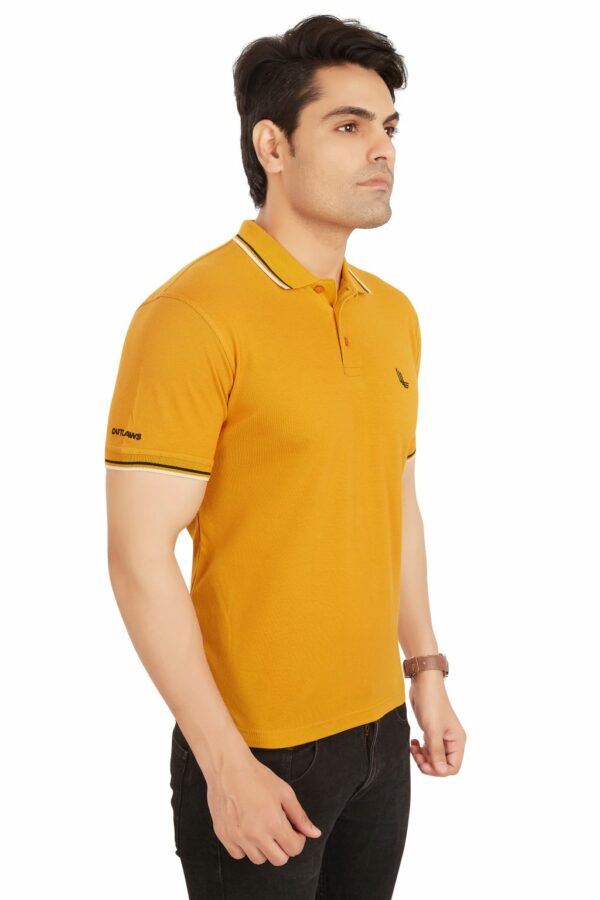 Mustard Yellow Double Line Collared Men's Polo T-Shirt - Image 3