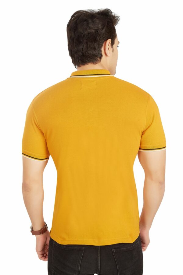 Mustard Yellow Double Line Collared Men's Polo T-Shirt - Image 4