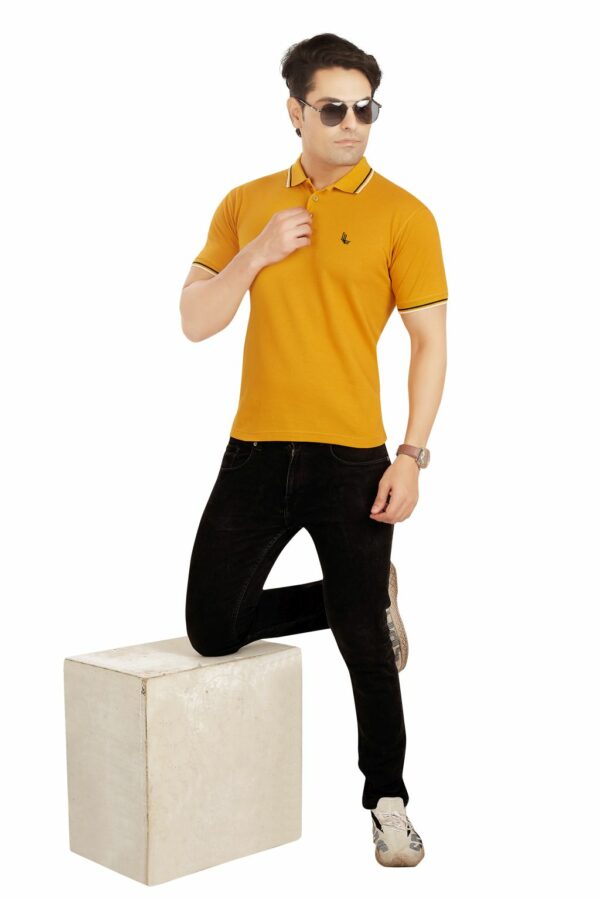 Mustard Yellow Double Line Collared Men's Polo T-Shirt - Image 5