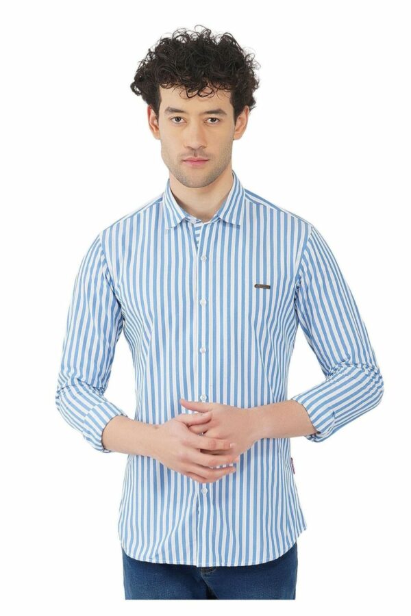 Light Blue & White Striped Formal Slim Fit Shirt for Men - Image 2