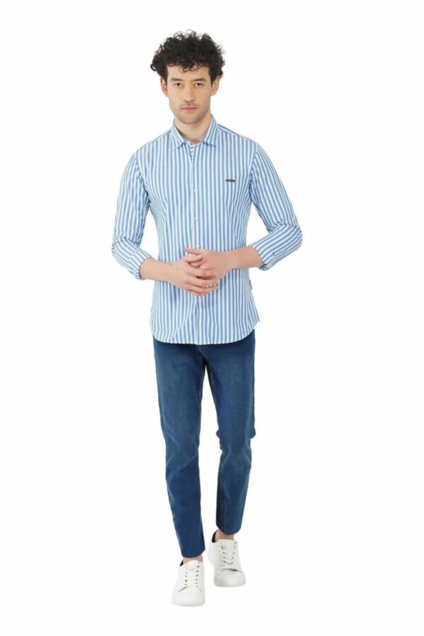 Light Blue & White Striped Formal Slim Fit Shirt for Men - Image 3