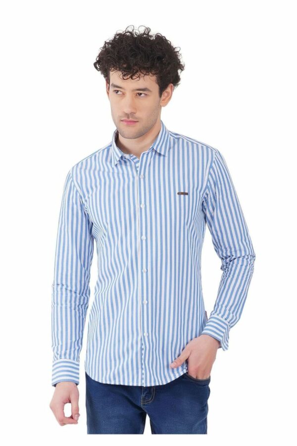 Light Blue & White Striped Formal Slim Fit Shirt for Men