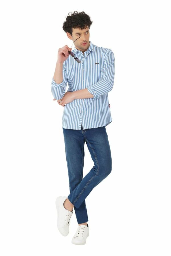 Light Blue & White Striped Formal Slim Fit Shirt for Men - Image 8